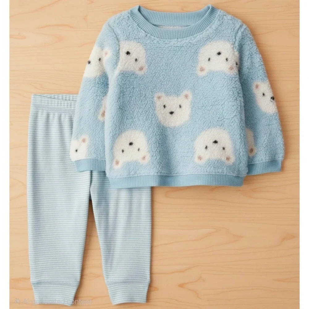 Carters Baby 9M 2pc‎ Cozy Set Blue Sherpa Polar Bear Pullover Striped Pants NEW